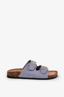 Klapki Damskie Na Korkowej Platformie Ze Złotymi Klamrami Niebieskie Lisavionea