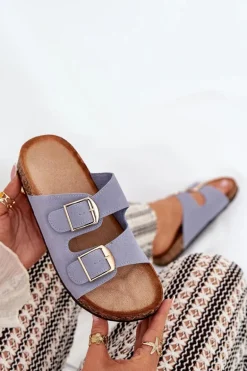 Klapki Damskie Na Korkowej Platformie Ze Złotymi Klamrami Niebieskie Lisavionea