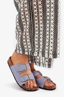 Klapki Damskie Na Korkowej Platformie Ze Złotymi Klamrami Niebieskie Lisavionea