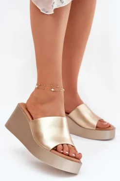 Klapki Damskie Na Koturnie Eko Skórzane Złote Obenae