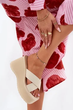 Klapki Damskie Na Koturnie I Platformie Beżowe Sevolee