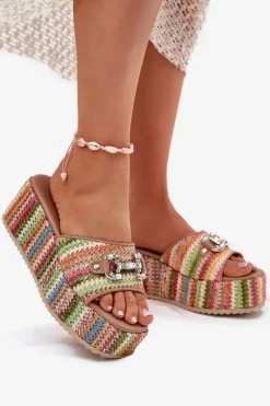 Klapki Damskie Na Koturnie Z Plecionką I Ozdobą Multikolor Isolene