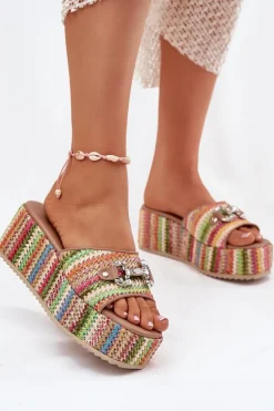 Klapki Damskie Na Koturnie Z Plecionką I Ozdobą Multikolor Isolene