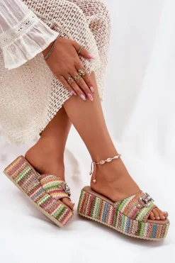 Klapki Damskie Na Koturnie Z Plecionką I Ozdobą Multikolor Isolene