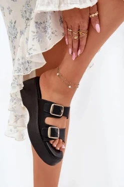 Klapki Damskie Na Koturnie I Platformie Z Klamrami Czarne Nitarelia