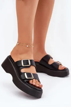 Klapki Damskie Na Koturnie I Platformie Z Klamrami Czarne Nitarelia