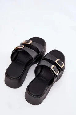 Klapki Damskie Na Koturnie I Platformie Z Klamrami Czarne Nitarelia