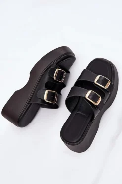 Klapki Damskie Na Koturnie I Platformie Z Klamrami Czarne Nitarelia