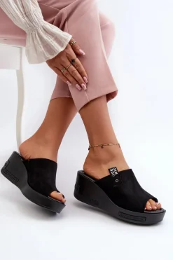 Klapki Damskie Na Koturnie Czarne Vleni