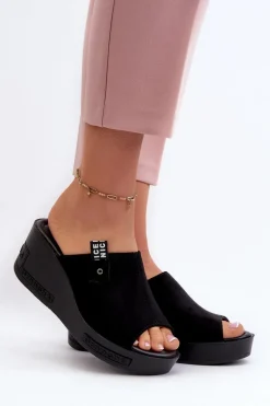 Klapki Damskie Na Koturnie Czarne Vleni