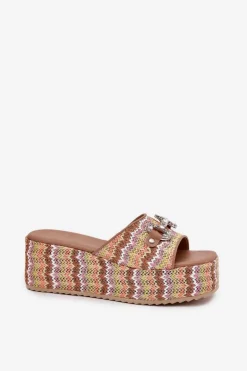 Klapki Damskie Na Koturnie Z Plecionką I Ozdobą Multikolor Isolene