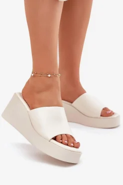 Klapki Damskie Na Koturnie Eko Skórzane Jasnobeżowe Obenae