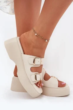 Klapki Damskie Na Koturnie I Platformie Z Klamrami Jasnobeżowe Nitarelia