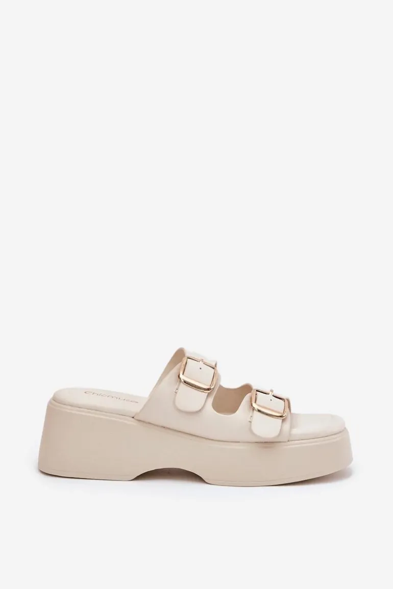 Klapki Damskie Na Koturnie I Platformie Z Klamrami Jasnobeżowe Nitarelia