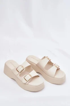 Klapki Damskie Na Koturnie I Platformie Z Klamrami Jasnobeżowe Nitarelia