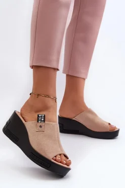 Klapki Damskie Na Koturnie Beżowe Vleni