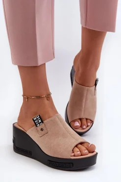 Klapki Damskie Na Koturnie Beżowe Vleni