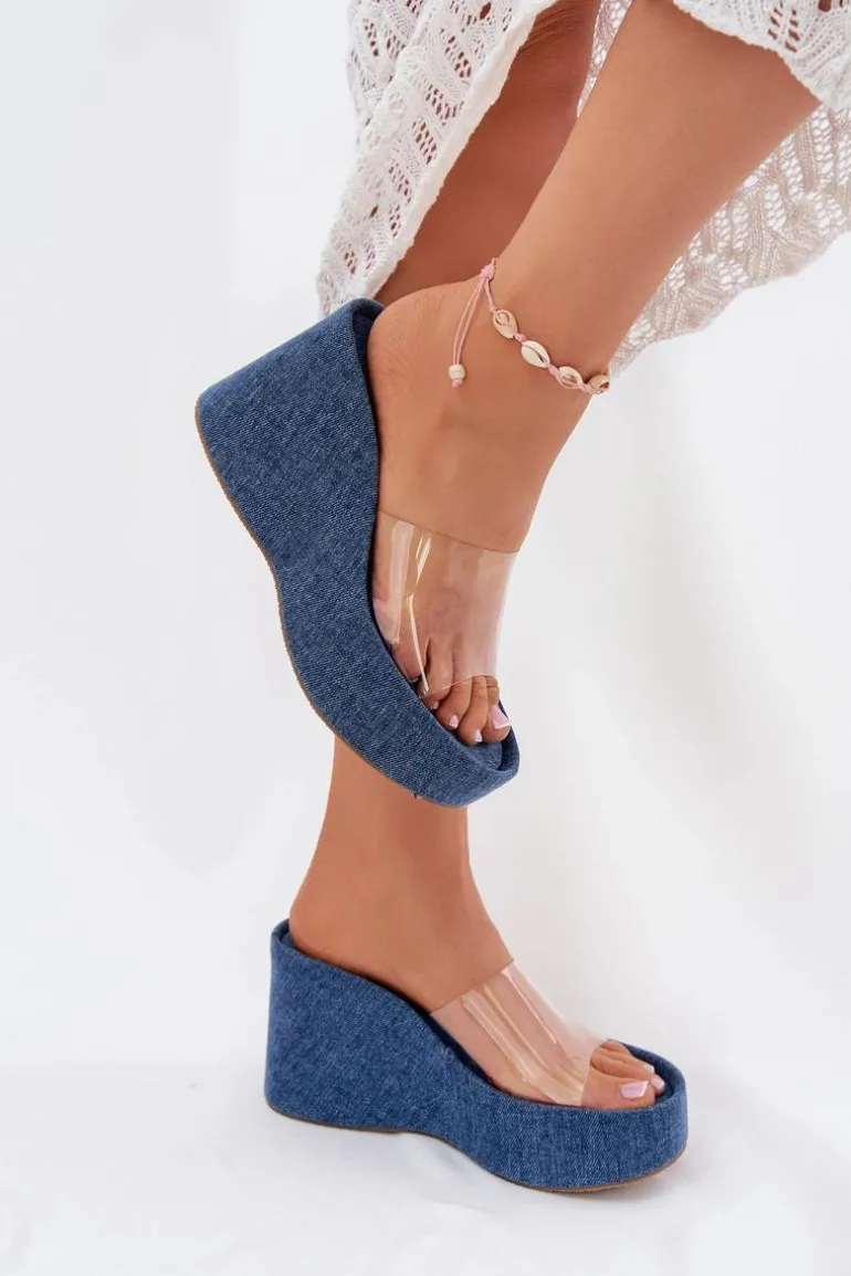 Klapki Damskie Na Koturnie Z Transparentnym Paskiem Jeansowe Zolretia