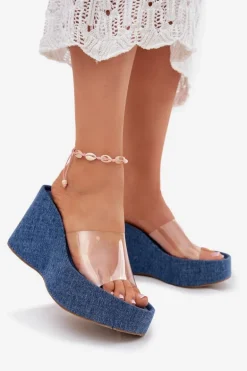 Klapki Damskie Na Koturnie Z Transparentnym Paskiem Jeansowe Zolretia