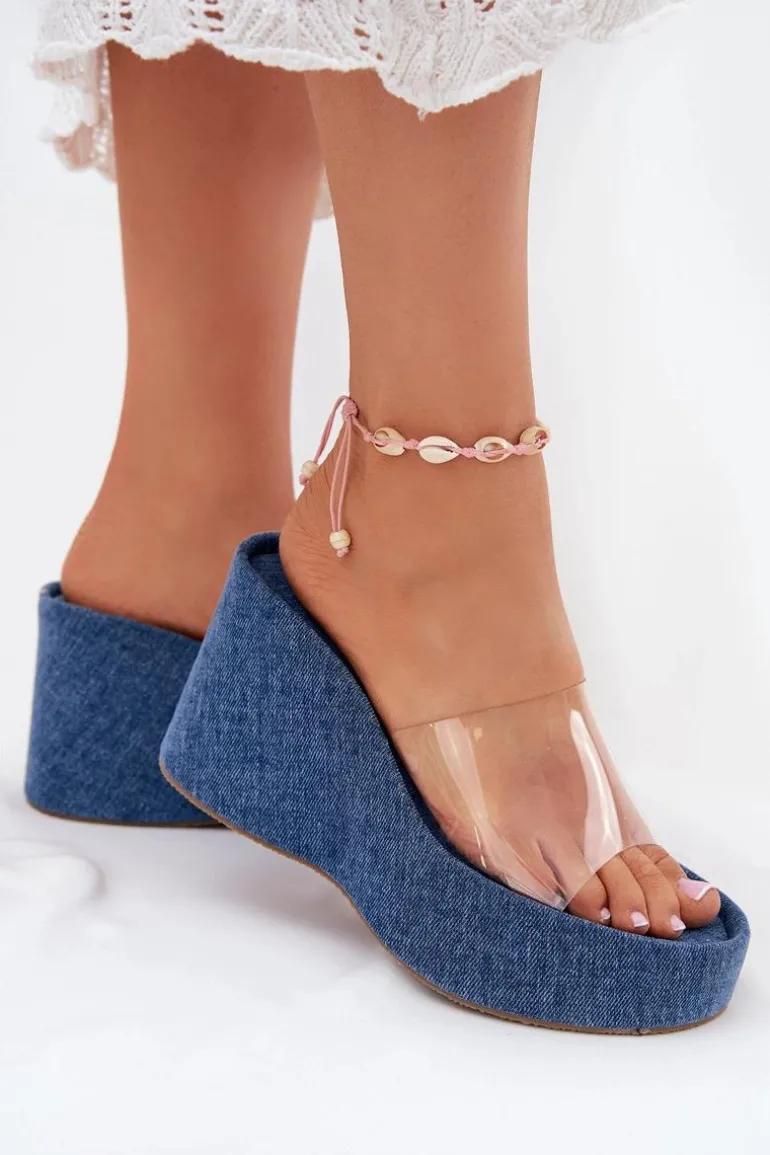 Klapki Damskie Na Koturnie Z Transparentnym Paskiem Jeansowe Zolretia