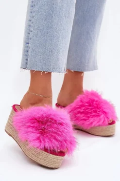 Klapki Damskie Na Koturnie Z Futerkiem I Plecionką Fuksja Virela