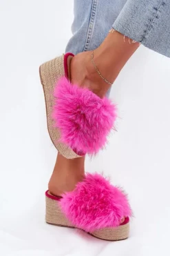 Klapki Damskie Na Koturnie Z Futerkiem I Plecionką Fuksja Virela