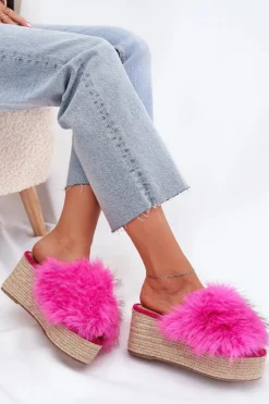 Klapki Damskie Na Koturnie Z Futerkiem I Plecionką Fuksja Virela