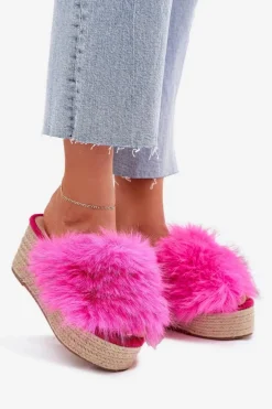 Klapki Damskie Na Koturnie Z Futerkiem I Plecionką Fuksja Virela