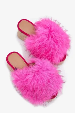Klapki Damskie Na Koturnie Z Futerkiem I Plecionką Fuksja Virela
