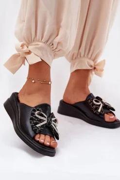 Klapki Damskie Na Koturnie Z Kokardą Czarne Moonzella