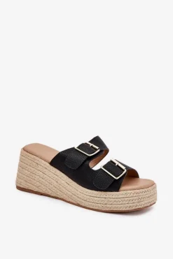 Klapki Damskie Na Koturnie Z Plecionką I Klamrami Czarne Pasinea