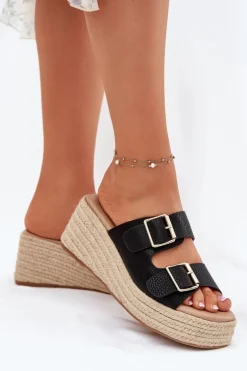 Klapki Damskie Na Koturnie Z Plecionką I Klamrami Czarne Pasinea