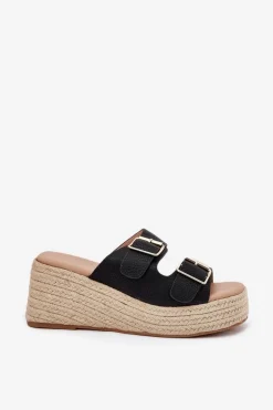 Klapki Damskie Na Koturnie Z Plecionką I Klamrami Czarne Pasinea