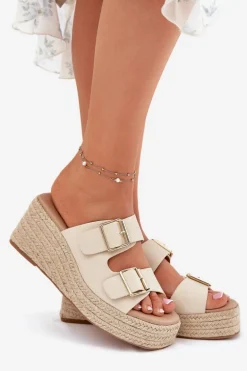 Klapki Damskie Na Koturnie Z Plecionką I Klamrami Beżowe Pasinea