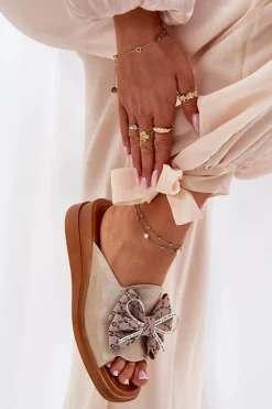 Klapki Damskie Na Koturnie Z Kokardą Złote Moonzella