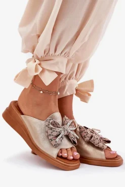 Klapki Damskie Na Koturnie Z Kokardą Złote Moonzella