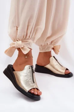 Klapki Damskie Na Koturnie Z Zamkiem Złote Irriva