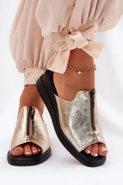 Klapki Damskie Na Koturnie Z Zamkiem Złote Irriva