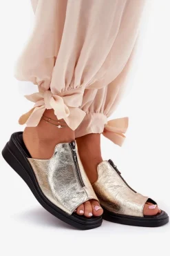 Klapki Damskie Na Koturnie Z Zamkiem Złote Irriva