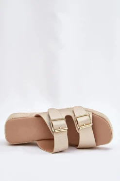 Klapki Damskie Na Koturnie Z Plecionką I Klamrami Złote Pasinea