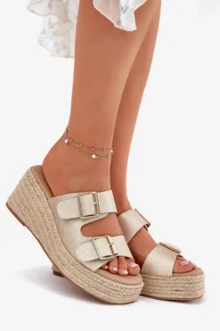 Klapki Damskie Na Koturnie Z Plecionką I Klamrami Złote Pasinea