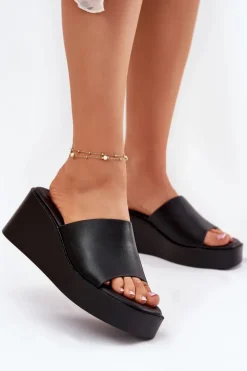 Klapki Damskie Na Koturnie Eko Skórzane Czarne Obenae