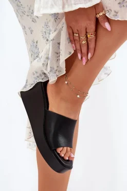 Klapki Damskie Na Koturnie Eko Skórzane Czarne Obenae