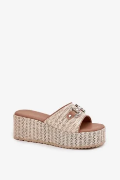 Klapki Damskie Na Koturnie Z Plecionką I Ozdobą Beżowe Isolene