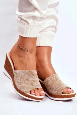 Klapki Damskie Na Koturnie Sergio Leone Beżowe SK320