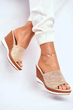 Klapki Damskie Na Koturnie Sergio Leone Beżowe SK320