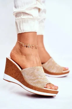 Klapki Damskie Na Koturnie Sergio Leone Beżowe SK320