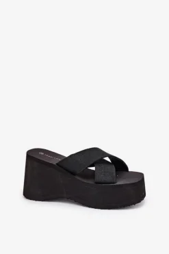 Klapki Damskie Na Koturnie I Platformie Czarne Sevolee