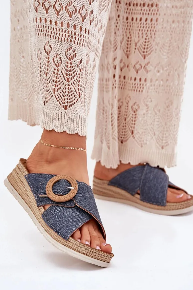 Klapki Damskie Na Koturnie Z Ozdobną Klamrą Inblu RV000012 Niebieskie