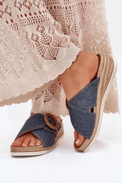 Klapki Damskie Na Koturnie Z Ozdobną Klamrą Inblu RV000012 Niebieskie